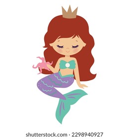 Cute sitting mermaid girl vector cartoon illustration. 