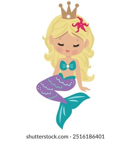 Cute sitting mermaid sea princess vector cartoon illustration