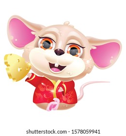 Cute sitting mouse kawaii cartoon vector character. Adorable, funny animal in national red costume and piece of gold isolated sticker, patch. Chinese New Year. Anime baby rat emoji on white background