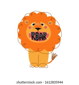 Cute sitting orange color lion say ROAR. Hand drawn cute kid print for poster, greeting card, t-shirt, textile design. Cute cartoon animal character. Baby shower vector illustration.