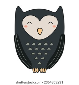 Cute sitting owl Halloween cartoon character illustration. Hand drawn kawaii style line art design, isolated vector. Kids seasonal print element, trick or treat, autumn holiday party