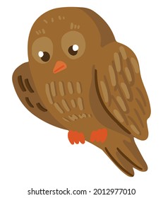 Cute sitting owl. Hand drawn vector illustration. Colored cartoon doodle of autumn forest wild animal. Single bird drawing isolated on white. Element for childish design, print, sticker, card, decor.