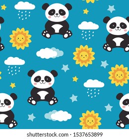Cute sitting panda bear seamless pattern. Smiling sun, clouds, rain drops, stars. Blue background. Design for kids textile, wallpaper, wrapping, fabric, scrap, gift, paper. Vector 