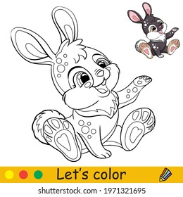 Cute sitting rabbit. Cartoon character rabbit. Coloring book page with colorful template. Vector contour isolated illustration. For coloring book, preschool education, print, stickers, design and game