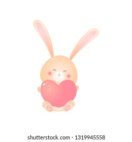 Cute sitting rabbit with pink heart in hands isolated on white background