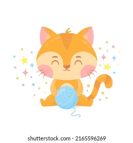 Cute sitting red cat with a blue yarn ball in cartoon style. Funny childish character for card, poster, print, kid clothing, cover. Vector illustration isolated on white background 