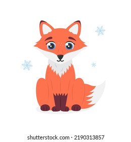 Cute Sitting Red Fox Cub With Snowflakes. Funny Forest Character With Big Eyes And Fluffy Tail. Vector Design Element. Flat Illustration Isolated On White Background