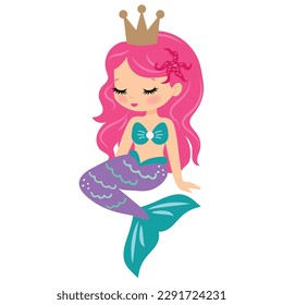 Cute sitting sea princess mermaid vector cartoon illustration