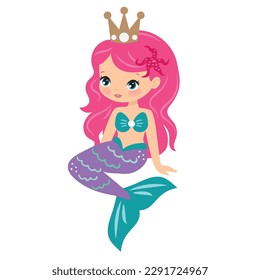 Cute de sentada princesa de mar sirena vector ilustración de dibujos animados