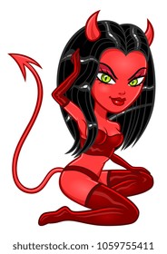 Cute Sitting Sexy Demon Girl On The White Background.