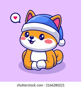 Cute Sitting Shiba Inu Dog Winter With Beanie Hat Cartoon Vector Icon Illustration. Animal Nature Icon Concept Isolated Premium Vector. Flat Cartoon Style