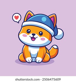 Lindo Sentado Shiba Inu Perro Invierno Con Gorro Sombrero de Dibujos Animados Icono de Vector Ilustración Animal Naturaleza