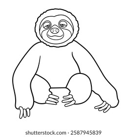 Cute Sitting Sloth Outline  Vector Illustration. A charming black-and-white line art illustration of a sloth sitting in a relaxed position. The sloth has a gentle, content facial expression.