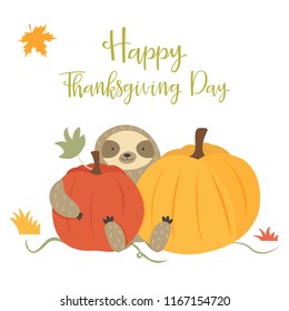 Cute sitting sloth with pumpkin. Thanksgiving Day design