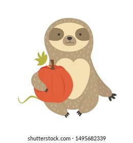 Cute sitting sloth with pumpkin. Thanksgiving Day design