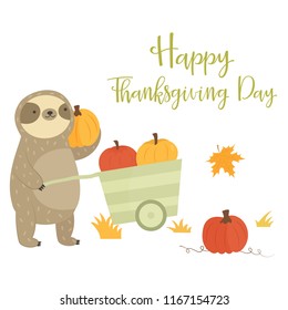 Cute sitting sloth with pumpkins. Thanksgiving Day design