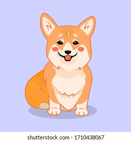 Cute sitting smiling corgi dog vector cartoon illustration. Kawai corgi puppy print. Isolated on lilac background.