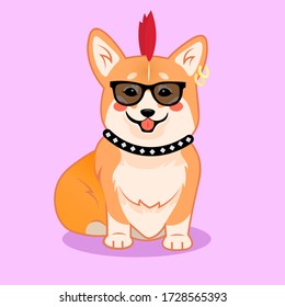 Cute sitting smiling corgi punk dog with mohawk and punk rock accessories vector cartoon illustration. Kawai corgi puppy print. Isolated on pink background.