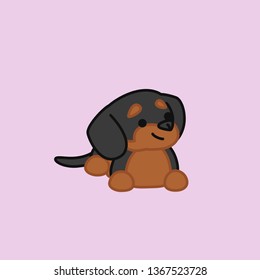 Cute Sitting and Smiling Smooth Black and Tan Dachshund from Side Cartoon Vector Illustration