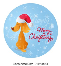 Cute sitting smiling yellow dog. Blue background with snowflakes and red lettering Merry Christmas.