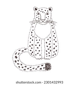 Dibujo de personajes de dibujos animados dibujados a mano en un leopardo de las nieves sentado. Arte de línea, diseño de estilo de dibujo, vector aislado. Animales tropicales, vida silvestre de la jungla, gatos grandes, safari, naturaleza, elemento impreso