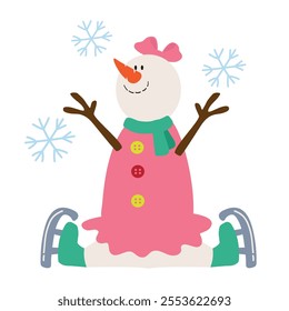 Cute sitting snowman  girl vector cartoon  illustration