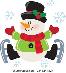 Cute sitting snowman  vector cartoon flat style illustration