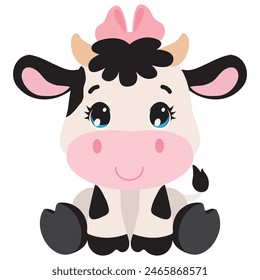 Linda sentada manchada pequeña vaca Vector ilustración de dibujos animados