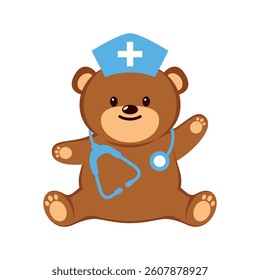 Cute sitting teddy bear doctor with stethoscope vector illustration. Teddy bear toy doctor icon isolated on a white background. Happy brown medical teddy bear cartoon