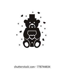 Cute sitting teddy bear toy holding the heart in the paws. Black silhouette, icon, sign, symbol, emblem, element for Valentine's Day celebration. 