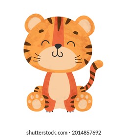 Cute sitting tiger, tiger cub with brown stripes, symbol of new 2022 year on white background. Vector illustration for postcard, banner, web, decor, design, arts, calendar.