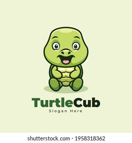 Cute Sitting Turtle Cub Cartoon Mascot Logo Design