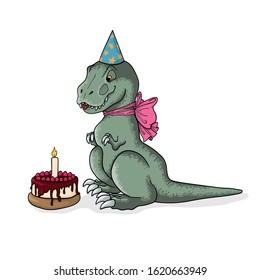 Cute sitting tyrannosaurus rex in birthday cap and pink bow with cake. Hand drawn vector illustration   of little t-rex dinosaur in cartoons style. Childish dino art.  Isolated on white background.