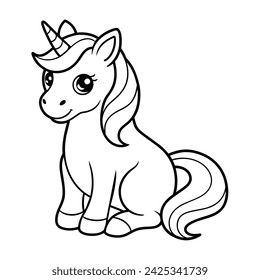 Cute sitting unicorn coloring page on white 