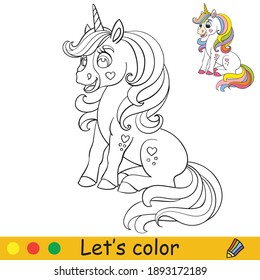 Cute sitting unicorn with long mane. Coloring book page with colorful template. Vector cartoon illustration isolated on white background. For coloring book, preschool education, print and game.