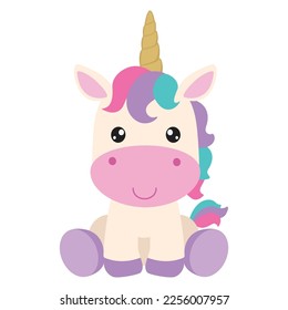 Cute sitting unicorn vector cartoon illustration