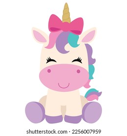 Cute sitting unicorn vector cartoon illustration