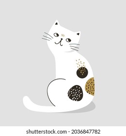 Cute sitting white catprint. Childish vector illustration in scandinavian style. Perfect for kids  books, apparel design, wall art, poster