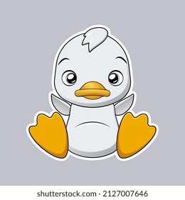 Cute sitting white duck. Mascot. Flat cartoon style.
