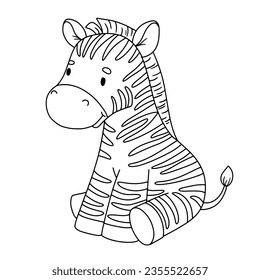 Cute sitting zebra. Outline illustration for kids. Line safari animal for coloring page.