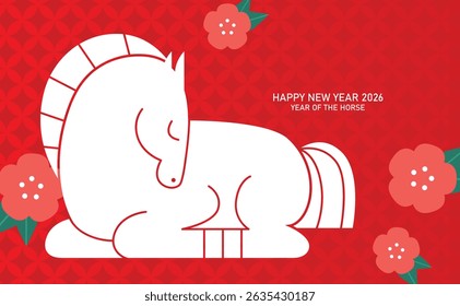 Cute sitting zodiac horse on a floral background. Chinese new year of the horse 2026 modern card.