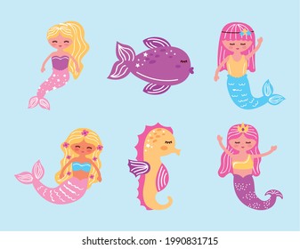 cute six mermaids set icons