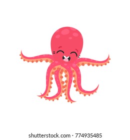 Cute six-tentacled octopus with smiling face expression. Marine animal. Cartoon character of sea creature. Flat vector design for kids print, sticker, card or poster