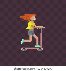 Cute Skate Girl. Pixel Art Style