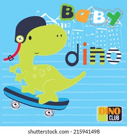 cute skateboarder baby dinosaur in the city vector illustration