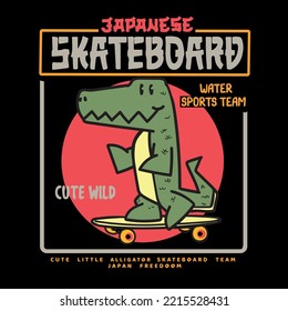 cute skateboarding crocodile illustration in anime style