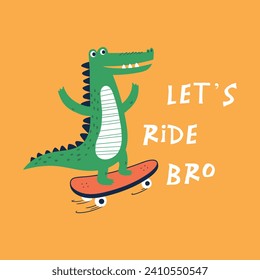 cute skater alligator drawing for kids fashion as vector