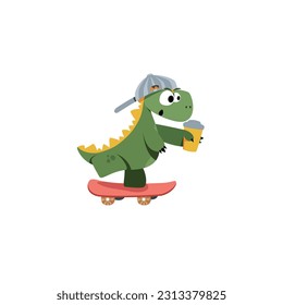 Cute skater dinosaur vector illustration. Adorable hand drawn kids dinosaur characters on a skateboard. Illustration for nursery design, poster, greeting, birthday card,baby shower and party.