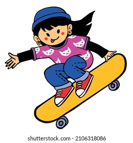 Cute skater girl in bright clothes on a skateboard. Colored isolated vector illustration in cartoon style.