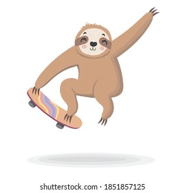 Cute skater sloth vector illustration.Adorable hand drawn baby sloth characters . Illustration for nursery design, poster, greeting, birthday card,baby shower and party.Textile graphic for kids.